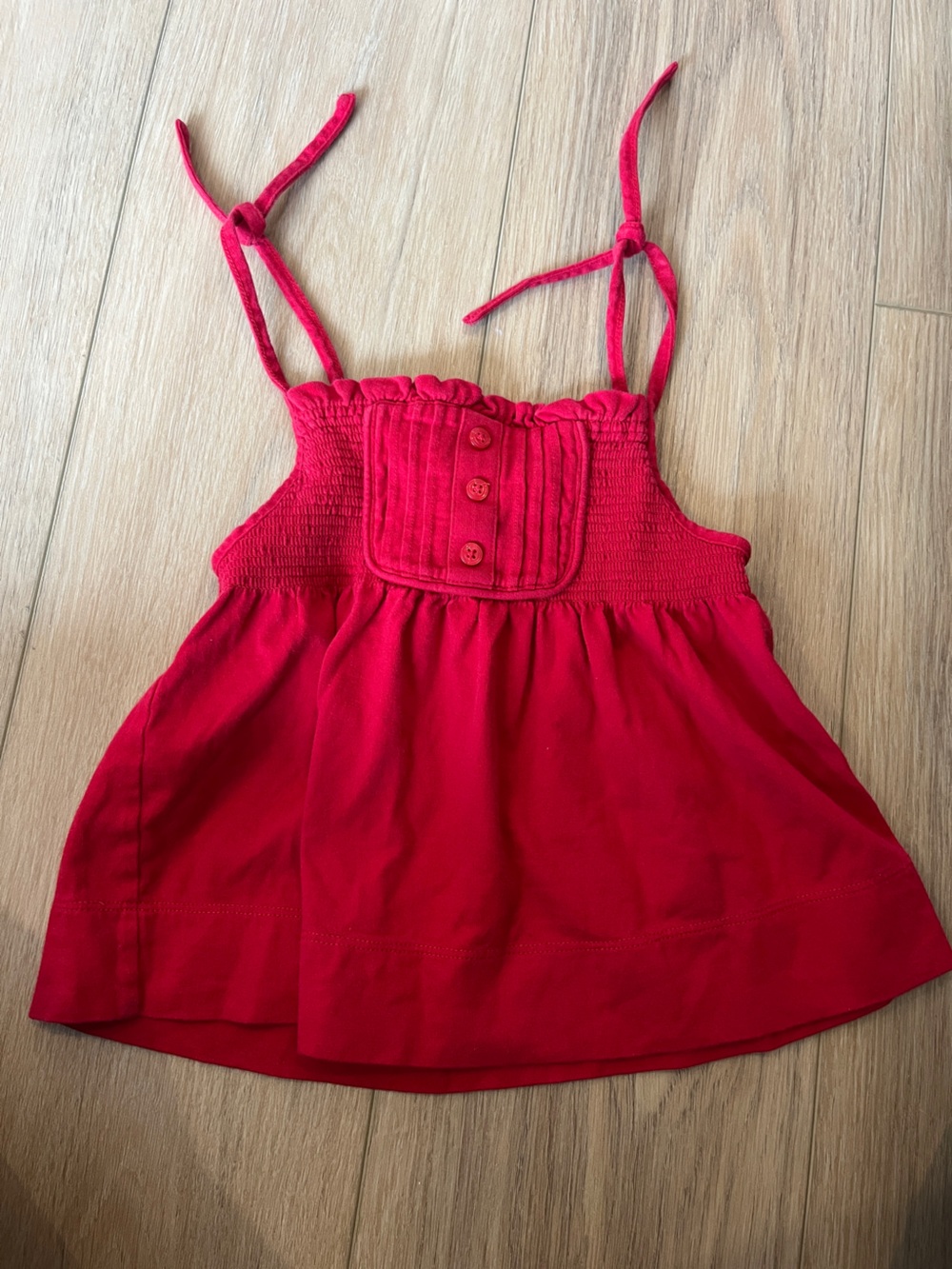 Red Smocked Sundress with Button Detail